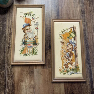(2) Framed Pig Needlepoint Embroidery Anthropomorphic Animal Novelty Boho 70s